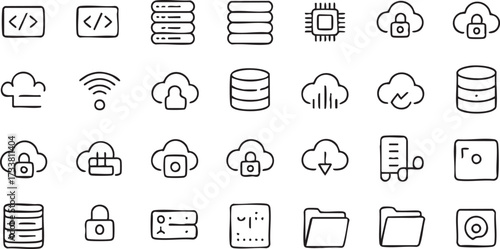 Cloud Computing Line Icons with Servers, Databases and Network Security Symbols