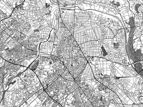 Poster-ready monochrome city map of Kawagoe, Japan, with detailed streets and rivers.