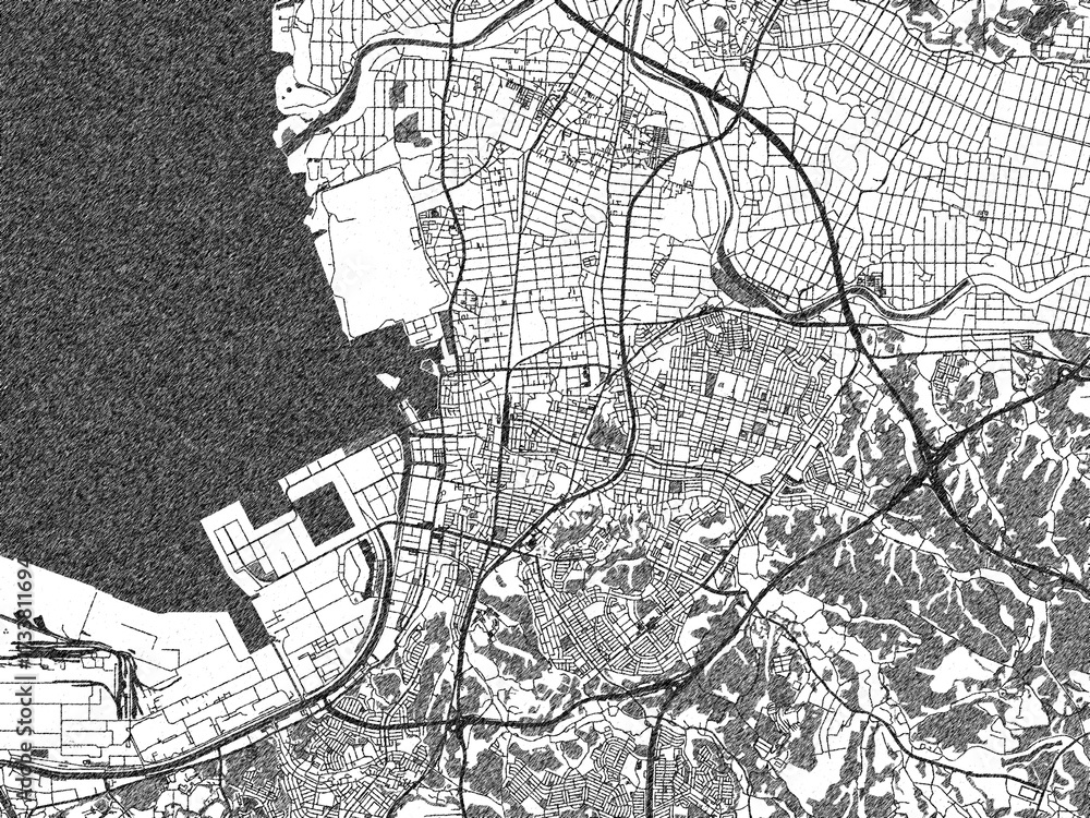 Fototapeta premium Hand-drawn style black and white city map of Kisarazu, Japan, with detailed streets and textures.