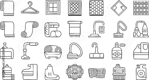 Vector Icons of Cleaning Products Including Soap, Plunger and Laundry Tools