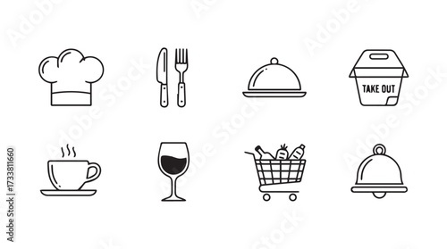 Simple doodle icons representing food service restaurant cafe and delivery concepts vector