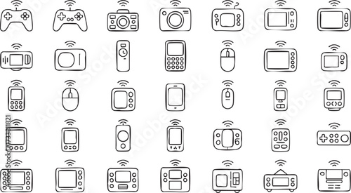 Wireless Communication Device Icons with Phones, Tablets and Remote Gadgets
