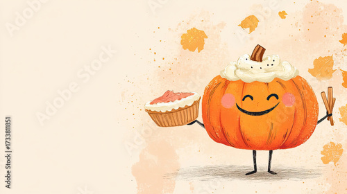 Happy pumpkin with blushing cheeks holding pumpkin pie, whipped cream smile, cinnamon stick