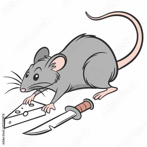 Cartoon rat with cheese and knife mouse cutting