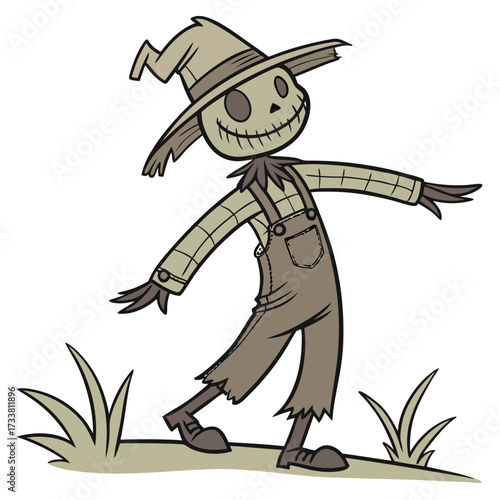 Cartoon scarecrow with stitched smile and hat halloween