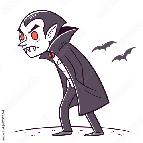 Cartoon vampire character with red eyes and bats halloween