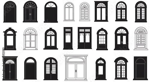 Collection of architectural doors and windows in various styles vector illustration