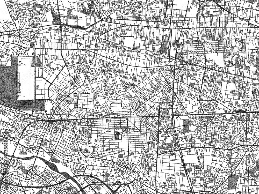 Fototapeta premium Detailed black and white map of Kokubunji, Japan, in artistic sketch style.