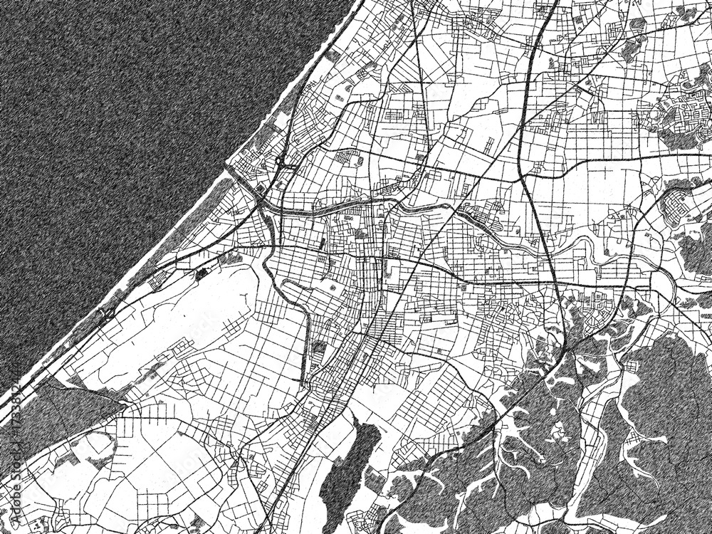 Naklejka premium Monochrome hand-drawn map of Komatsu, Japan, ideal for decorative and editorial use.