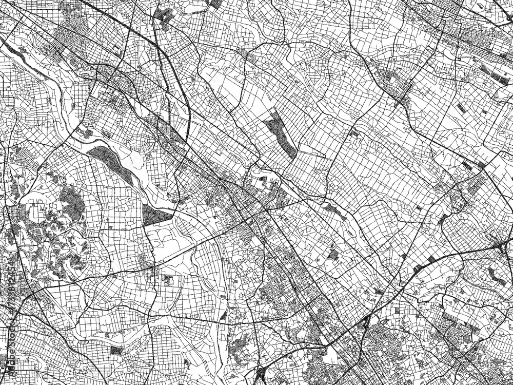 Naklejka premium Stylized black and white urban map of Konosu, Japan, hand-drawn style for decor and creative use.