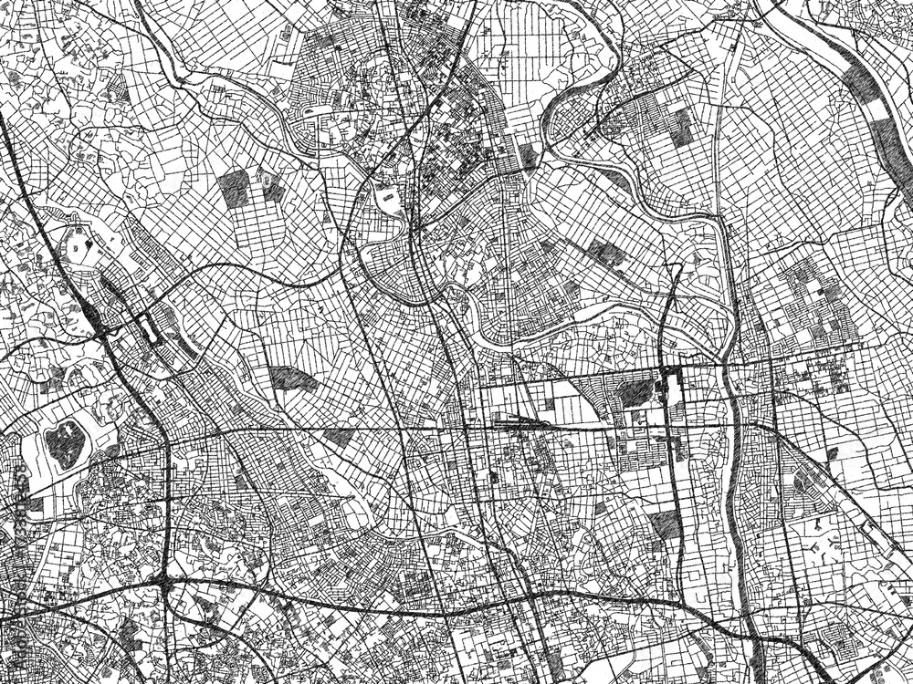Fototapeta premium Detailed black and white map of Koshigaya, Japan, in artistic sketch style.