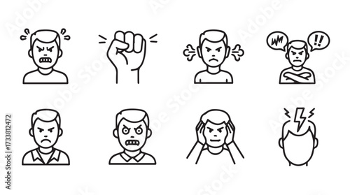 Photos Set of eight stylized line art icons depicting various angry expressions and ges