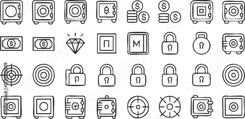 Safe and lock outline icons pack with money banking security and investment storage graphics
