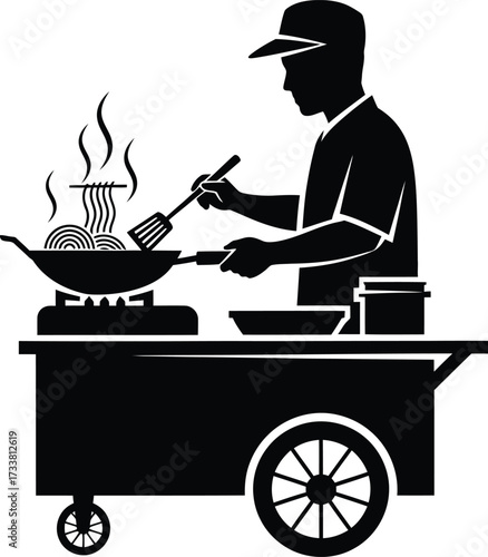 Bold black and white vector silhouette of a street food vendor, chef, or cook stirring hot noodles in a steaming wok on a mobile cart, representing asian cuisine, food service, and street vendor.
