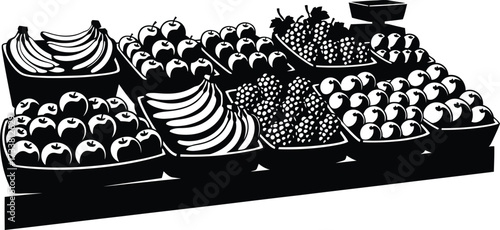 Black and white vector silhouette of a market stall display overflowing with various fresh fruits like bananas, apples, and grapes, ideal for farmer's market, grocery store, and healthy food designs.