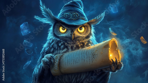 Owl wearing wizard hat holding glowing ancient scroll with paws, magical runes floating around