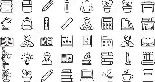Education vector line icons set with school learning books and academic study design elements