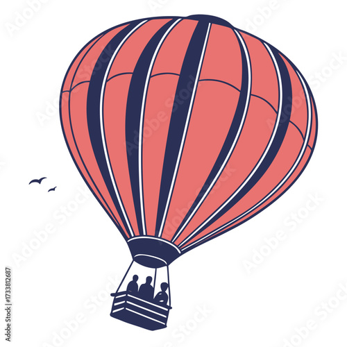 Coral and navy hot air balloon with passengers and birds