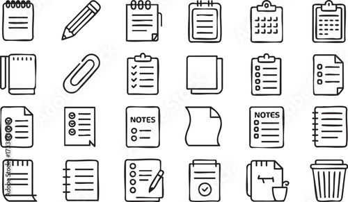 Office outline icons pack with notebook paper documents and checklist productivity illustrations