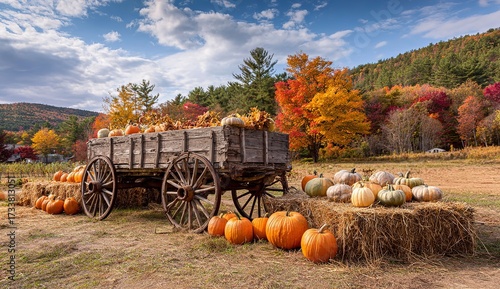 a rustic wooden wagon filled with pumpkins and gourds, set against the backdrop of an autumnal countryside landscape.