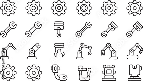 Engineering and mechanics vector icons pack with gears pistons factory and industrial illustration