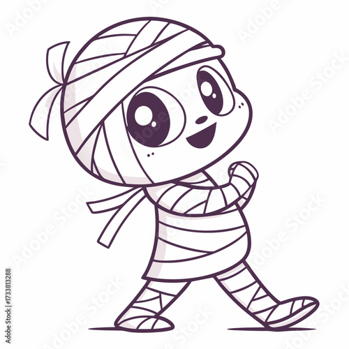 Cute cartoon mummy character walking with bandages