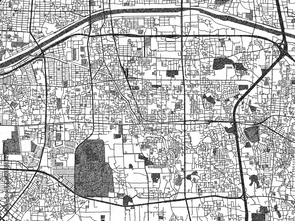 Fototapeta premium Stylized black and white urban map of Matsubara, Japan, hand-drawn style for decor and creative use.