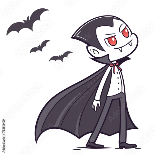 Cute cartoon vampire character with bats halloween