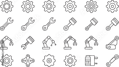 Engineering vector line icons set with gears wrenches pistons and robotic arms for industrial design