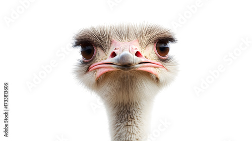 Expressive ostrich face with large curious eyes and a slightly grumpy expression, perfect for playful or quirky design projects,isolated on white background.