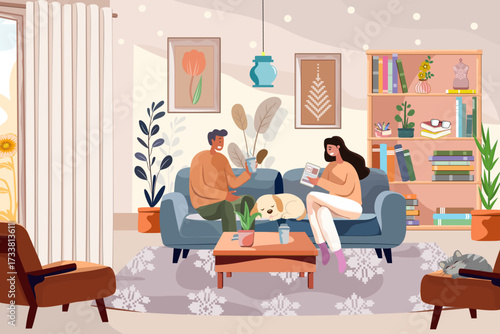 Illustration of a couple, a cute puppy sitting on a sofa, and a cat sleeping on another sofa. The atmosphere is warm and relaxing. The room features a bookcase, potted plants. vector.