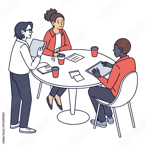 Three people in a meeting around a round table discussion