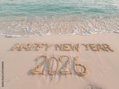 Happy New Year 2026 text written on clean white sand at the beach with ocean waves in the background, symbolizing celebration and fresh beginnings