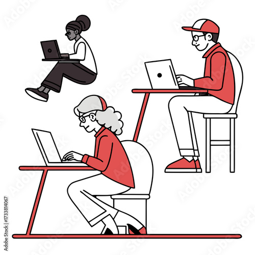 Three people working on laptops at desks computer person