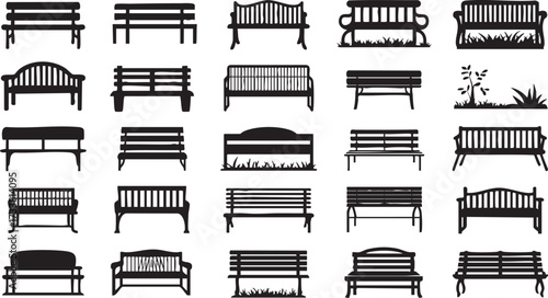 Public space bench silhouette collection with garden outdoor furniture and urban seating designs