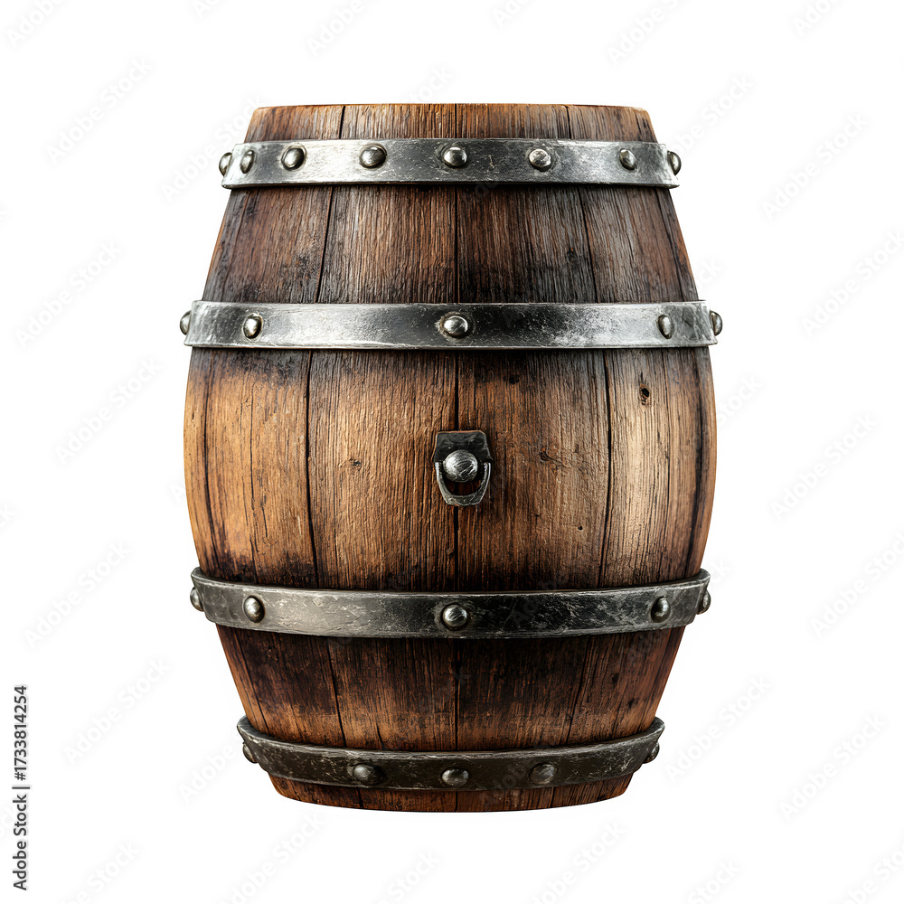 Fototapeta premium A wooden barrel with metallic rings, premium textures and realistic details, isolated on white --ar 1:1 --raw