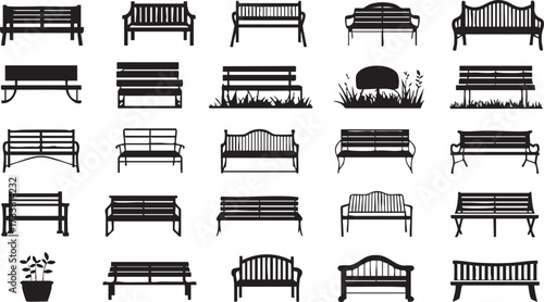 Bench vector silhouette icons set with park garden and outdoor furniture seating designs