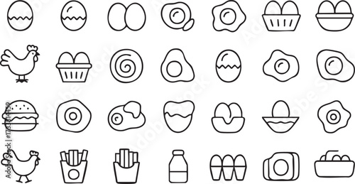 Egg vector line icons set with breakfast food chicken and nutrition protein culinary designs