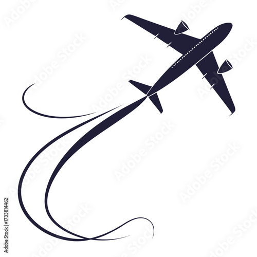 Dark blue airplane silhouette with contrails on white background