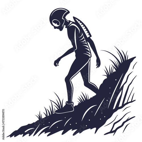 Dark blue alien silhouette walking on grassy hill vector