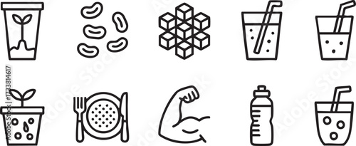 Healthy lifestyle outline icons pack with diet nutrition plants water and exercise wellness graphics