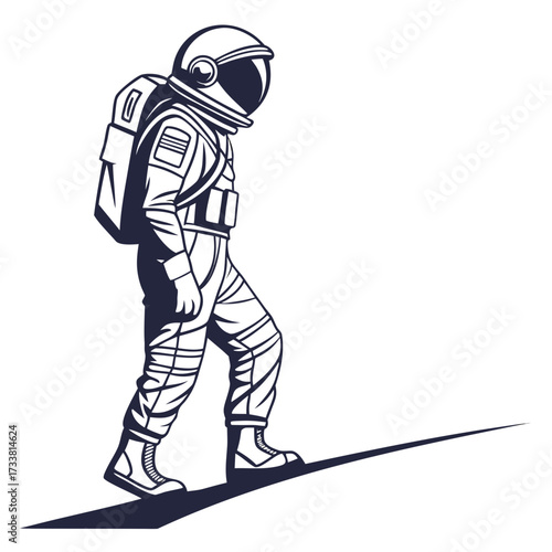 Dark blue astronaut walking on a diagonal line space suit