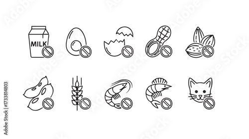 Common food allergy icons in a simple line art style representing dietary restrictions and sensitivities vector