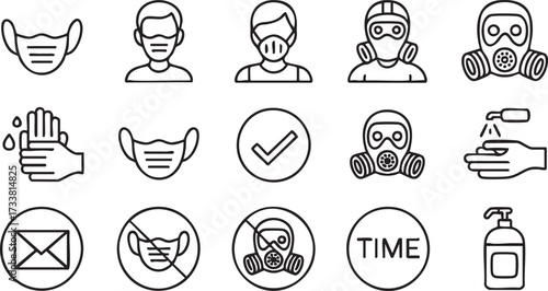 Hygiene protection vector icons set with masks sanitizer and prevention medical care graphics