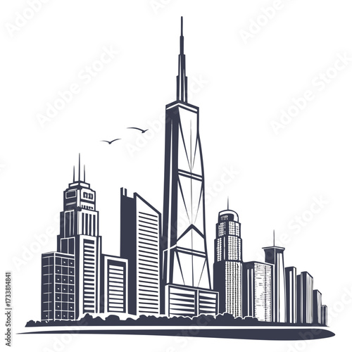 Dark blue city skyline silhouette with birds on white background