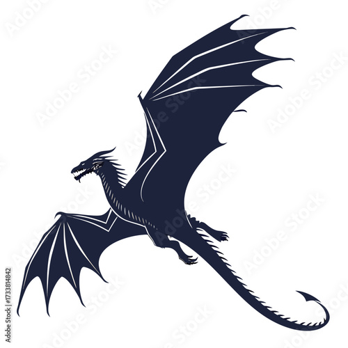 Dark Blue Dragon Flying Silhouette on White Background