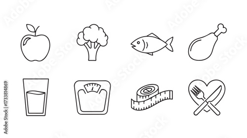 Healthy lifestyle icons set apple broccoli fish chicken leg water scale tape measure fork knife heart vector