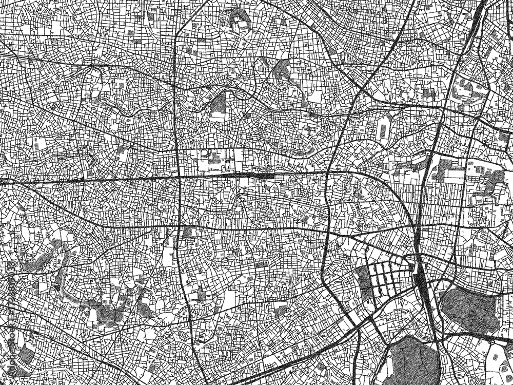 Fototapeta premium Detailed artistic sketch map of Nakano, Japan, in monochrome black and white.