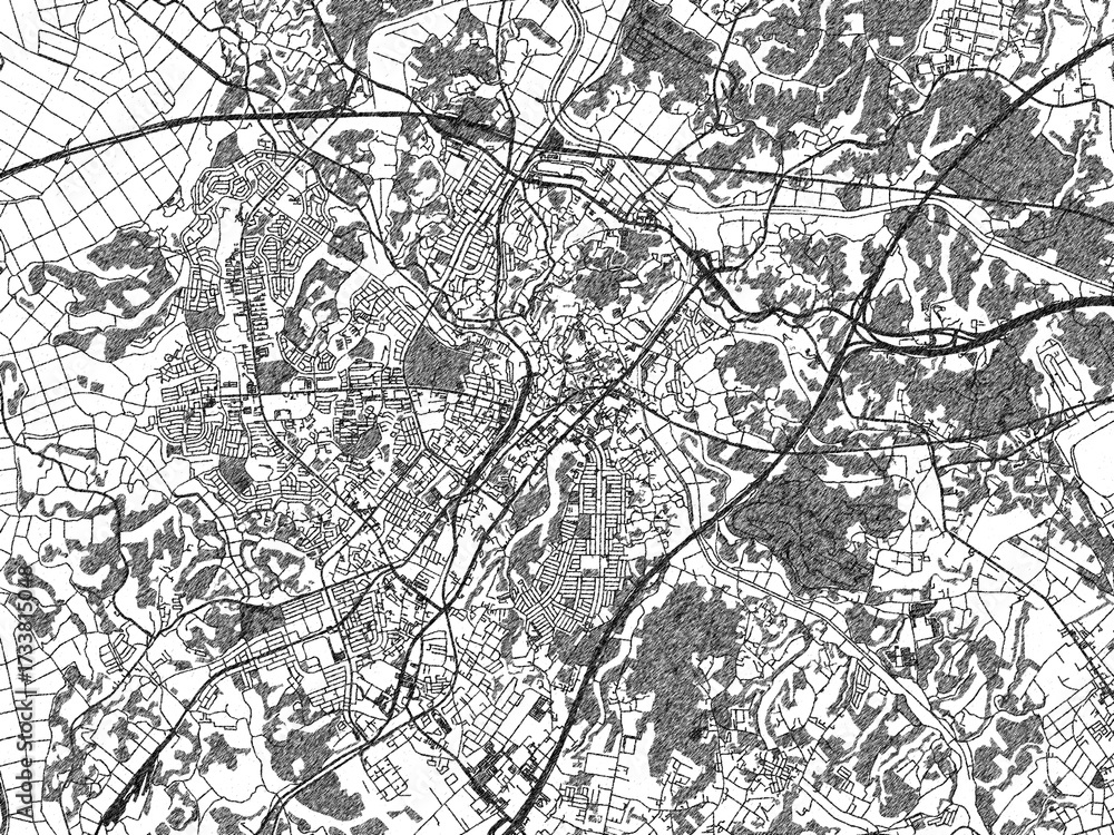 Naklejka premium Black and white illustrated map of Narita, Japan, with streets, rivers, and neighborhoods.