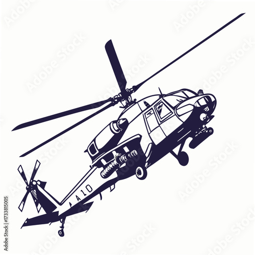 Dark blue military helicopter in flight on white background